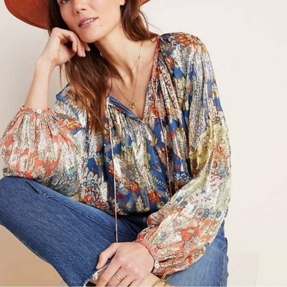 NWT Anthropologie Verb Stephania Shimmer Peasant Blouse Boho Lined Women’s Sz XS